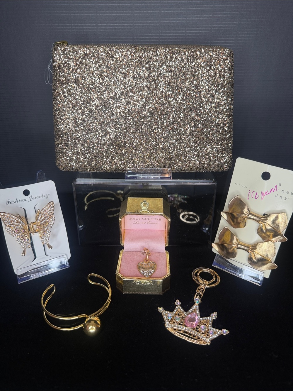 Madewell Gold Clutch & Juicy Couture Pendant with Matching Gold Accessories